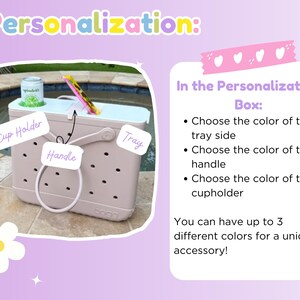 K&ouml;nnte beinhalten: Eine hellrosa rechteckige Tragetasche mit wei&szlig;er Ablage oben, Getr&auml;nkehalter und Tragegriff. Das Bild enth&auml;lt den Text: Personalization: In the Personalization Box: Choose the color of the tray side, handle, and cupholder. You can have up to 3 different colors.