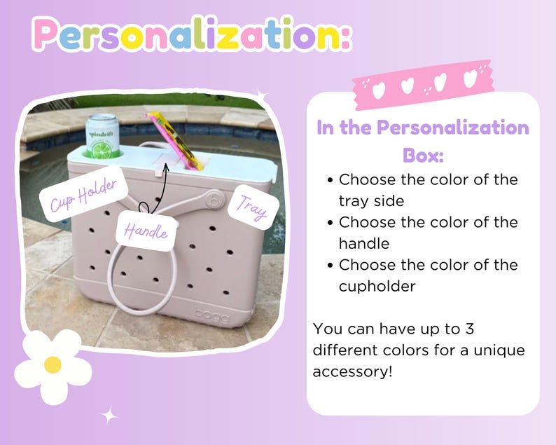 K&ouml;nnte beinhalten: Eine hellrosa rechteckige Tragetasche mit wei&szlig;er Ablage oben, Getr&auml;nkehalter und Tragegriff. Das Bild enth&auml;lt den Text: Personalization: In the Personalization Box: Choose the color of the tray side, handle, and cupholder. You can have up to 3 different colors.