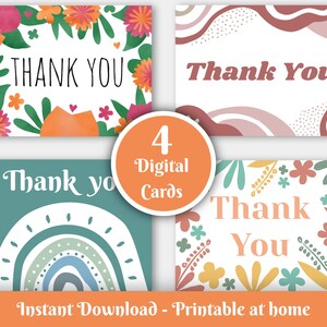 Lot de 4 Cartes digitale de remerciement "thank you" Imprimable à la maison - 5 PDF Téléchargement Instantané