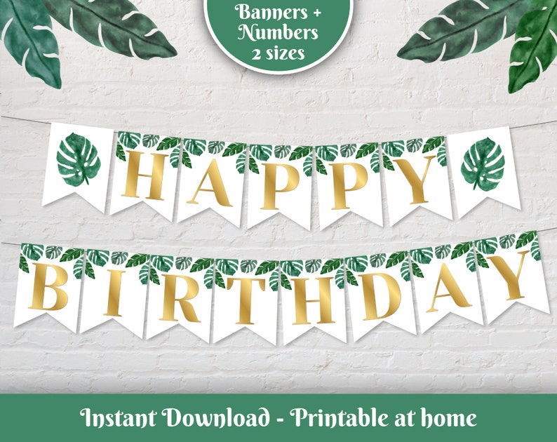 HAPPY BIRTHDAY Printable Banner | Tropical Leaf and Gold | Digital ...