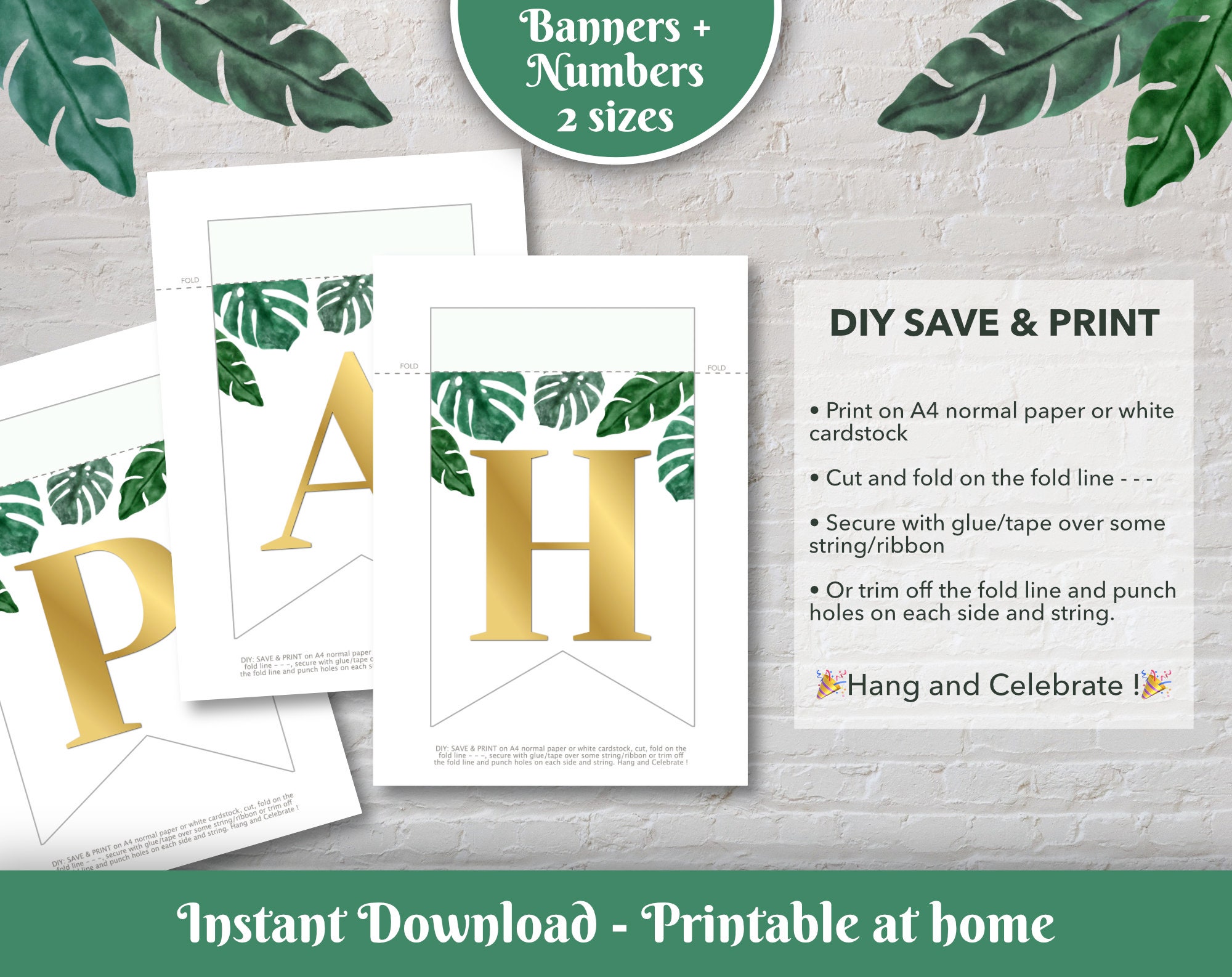 HAPPY BIRTHDAY Printable Banner | Tropical Leaf and Gold | Digital ...
