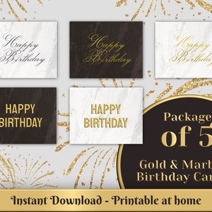 Joyeux anniversaire CARTES NUMÉRIQUES | imprimable à la maison | Marbre Noir & Or | Carte classique et élégante | Lot de 5 cartes