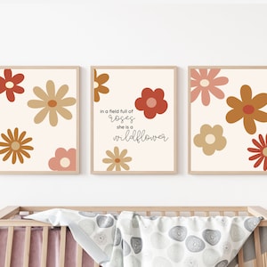 Groovy Neutral Flowers Nursery Art, Toddler Wall Art, Digital Art Print, In a Field Full of Roses She is a Wildflower Quote, Flower Child