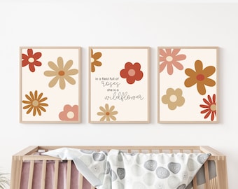 Groovy Neutral Flowers Nursery Art, Toddler Wall Art, Digital Art Print, In a Field Full of Roses She is a Wildflower Quote, Flower Child