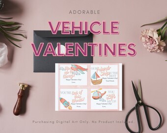 Very Cute Vehicle Valentines Cards, Valentine Card Template, Helicopter Boat Ship Scooter Plane Train Valentines! Digital Download