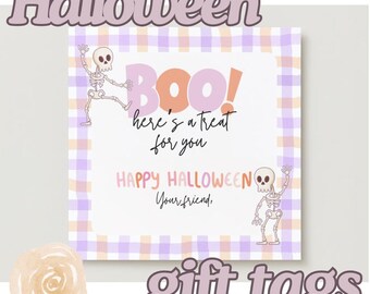 Boo Halloween Gift Tag Cute Skeleton Gingham Print Happy Halloween Digital Download Simple Printable