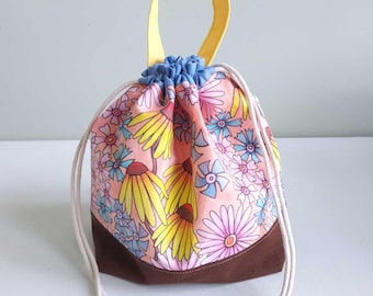 Floral Fabric Project Bag: Knitting Crochet Drawstring Bag