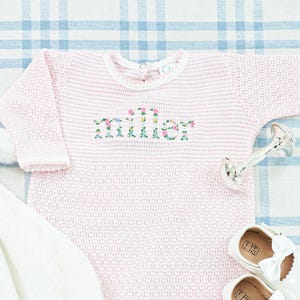 Floral Name Long Sleeve Knit Romper // Pink Floral Baby Girl Monogram Romper, Paty Gown Monogram, Paty Gown, Baby Girl Coming Home Outfit