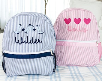 Seersucker Backpack with Motif // Monogrammed Backpack, Custom Name, Seersucker School Bag, Diaper Bag, Book Bag, Preschool Backpack, Kids
