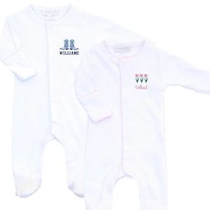 Long Sleeve Picot Trim Footie with Motif // Baby Shower, Footie Romper, Coming Home Outfit, Boy, Girl, Newborn Photos, Monogrammed Sleeper
