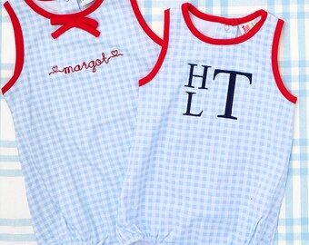 Blue & Red Gingham Bubble // 4th of July Baby Bodysuit, Patriotic Bubble Romper 4th of July Outfit, Baby Girl and Boy Sunsuits, USA Outfit