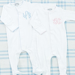 Long Sleeve Picot Trim Footie // Baby Shower Gift, Footie Romper, Coming Home Outfit, Boy, Girl, Newborn Photos, Monogrammed Sleeper