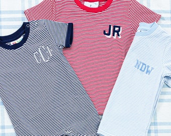Striped Short Sleeve Romper & T-Shirt // Striped Shirt, Toddler Boy, Baby Boy, Monogram Shirt, Personalized Name T-Shirt, Back to School