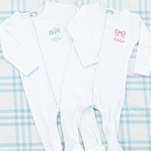 Long Sleeve Picot Trim Footie with Motif // Baby Shower, Footie Romper, Coming Home Outfit, Boy, Girl, Newborn Photos, Monogrammed Sleeper
