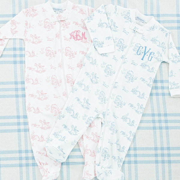 Long Sleeve Toile Zipper Footie // Baby Shower Gift, Footie Romper, Coming Home Outfit, Boy, Girl, Newborn Photos, Monogrammed Sleeper
