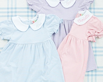 Peter Pan Collar Striped Bubble & Dress // Personalized Dress, Monogram Dress, Girl Gift, Onesie, Baby Girl Bubble, Custom Name Dress