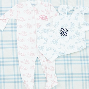 Long Sleeve Toile Zipper Footie // Baby Shower Gift, Footie Romper, Coming Home Outfit, Boy, Girl, Newborn Photos, Monogrammed Sleeper