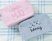 Seersucker Pouch with Motif // Shower Gift, Everything Bag, Makeup Bag, Cosmetic Bag, Monogrammed Toiletry Bag, Back To School, Kids Bag