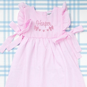 Seersucker Bow Dress with Motif // Personalized Dress, Monogrammed Dress, Sundress, Girl Gift, Baby Girl, Toddler Dress, Pink Dress