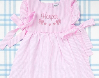 Seersucker Bow Dress with Motif // Personalized Dress, Monogrammed Dress, Sundress, Girl Gift, Baby Girl, Toddler Dress, Pink Dress