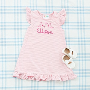 Flutter Sleeve Striped Bubble & Dress with Motif // Personalized Dress, Monogrammed Dress, Sundress, Girl Gift, Onesie, Baby Girl