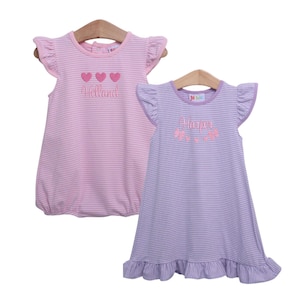 Flutter Sleeve Striped Bubble & Dress with Motif // Personalized Dress, Monogrammed Dress, Sundress, Girl Gift, Onesie, Baby Girl