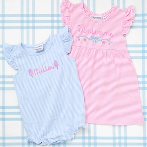 Flutter Sleeve Striped Bubble & Dress with Motif // Personalized Dress, Monogrammed Dress, Sundress, Girl Gift, Onesie, Baby Girl