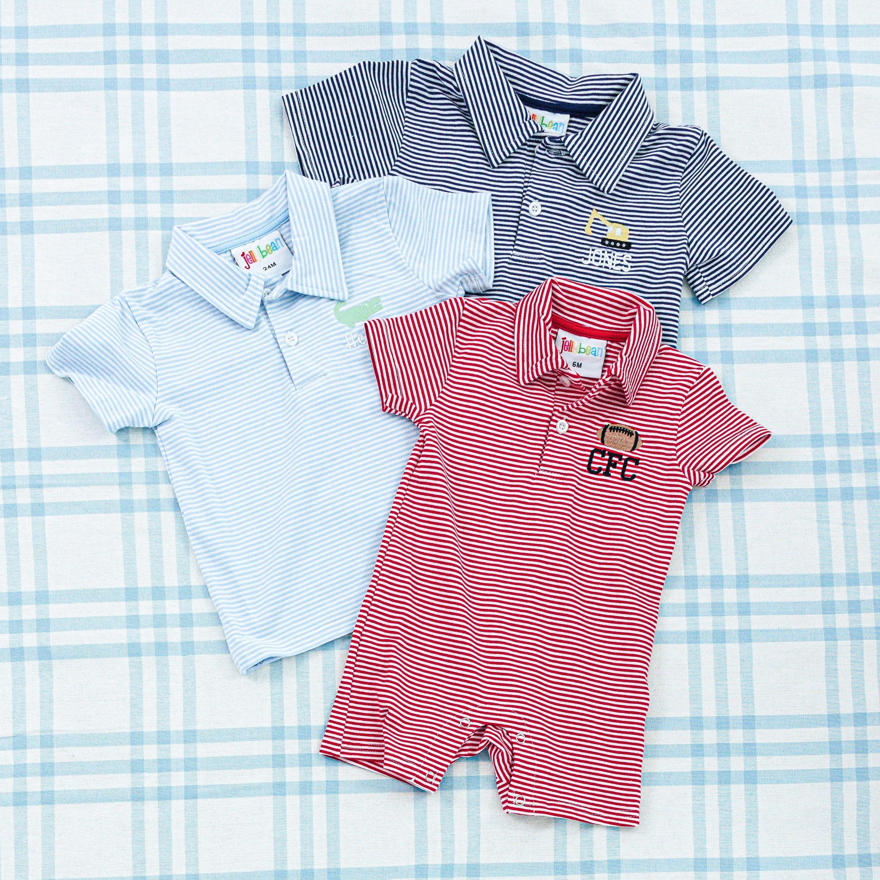 Striped Short Sleeve Romper & Polo with Motif // Boy's Polo, Monogrammed Shirt, School Polo, Youth Monogram Shirt, Striped Boys Polo, Preppy