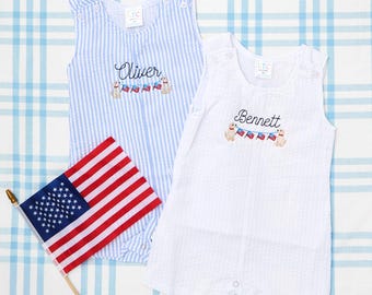 Seersucker Jon Jon with Patriotic Motif /Patriotic Seersucker Baby Boy Sunsuits Personalized 4th of July Outfit Monogrammed Baby Boy Clothes