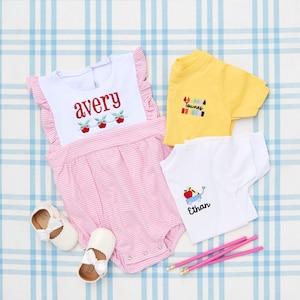 Short Sleeve Romper & T-Shirt with Motif - Back to School // Monogram Shirt, Personalized Boys Shirt, Apple Shirt, Youth Embroidered Shirt
