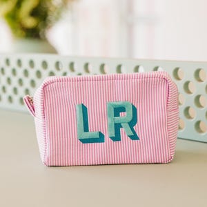 Può includere: Una trousse da trucco a righe rosa e bianche con le lettere "LR" ricamate in turchese.