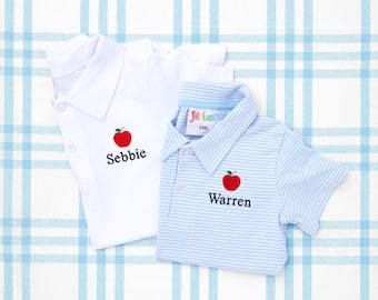 Short Sleeve Romper & Polo with Motif - Back to School // Personalized Boys Monogram Shirt, Apple Shirt, Youth Polo, Embroidered Polo Shirt