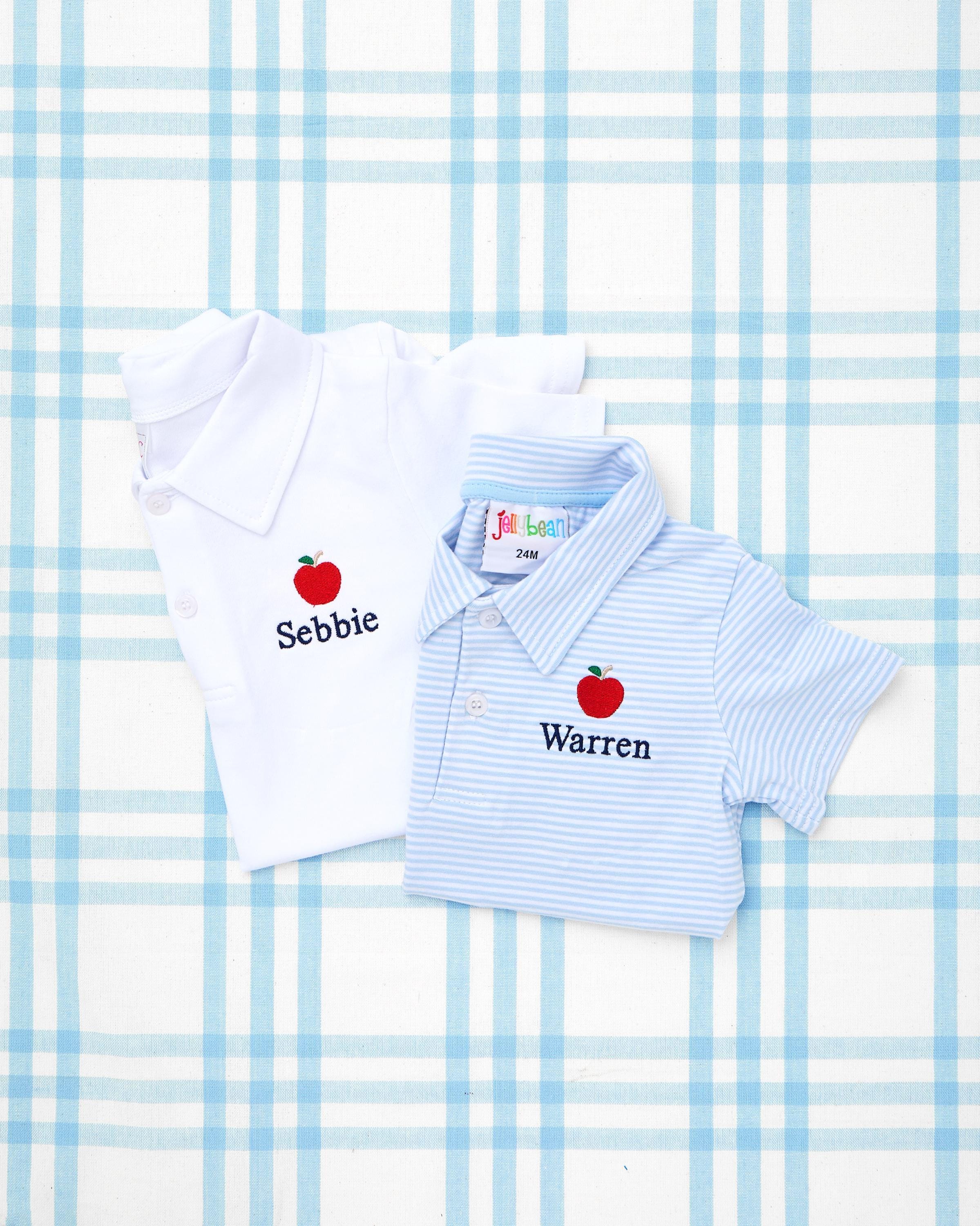 Short Sleeve Romper & Polo with Motif - Back to School // Personalized Boys Monogram Shirt, Apple Shirt, Youth Polo, Embroidered Polo Shirt