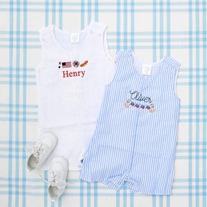Seersucker Jon Jon with Patriotic Motif /Patriotic Seersucker Baby Boy Sunsuits Personalized 4th of July Outfit Monogrammed Baby Boy Clothes