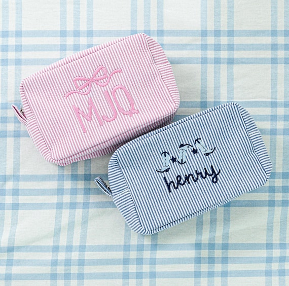 Seersucker Pouch with Motif // Shower Gift, Everything Bag, Makeup Bag, Cosmetic Bag, Monogrammed Toiletry Bag, Back To School, Kids Bag