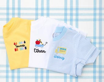 Short Sleeve Romper & T-Shirt with Motif - Back to School // Monogram Shirt, Personalized Boys Shirt, Apple Shirt, Youth Embroidered Shirt