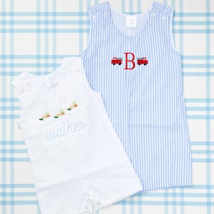Seersucker Jon Jon with Motif// Cotton JonJon Toddler Boy, Baby Boy, Monogram Romper, Personalized Name, Seersucker Outfit, Monogram Jon Jon
