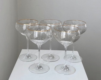 Vintage Goldrand Champagner Coupés: Geätzte florale Cocktailgläser, 5er Set