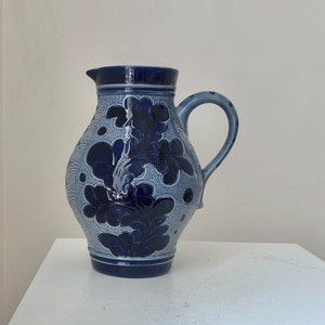 West German Blue Floral Ceramic Pitcher,  Vintage Marzi and Remy Flower Jug,  Mid Century Blue Vase, Modern Home Decoration