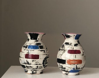 Pair FRATELLI FANCIULLACCI Balck White Striped Vases, Mid Century Small Italian Brick Design Ceramic Vessels
