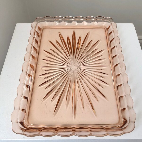 Art Deco Pink  Glass Serving Platter, Rectangular Sunburst Design Serving Dish, Vintage Food Display Plate