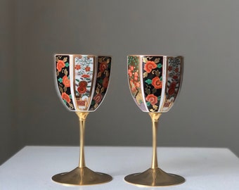 Pair Japanese  Floral Porcelain and Brass Aperitive Glasses,  Vintage Kutani Ware Wine Goblets, Chinoiserie Asian Decorative Drinkware