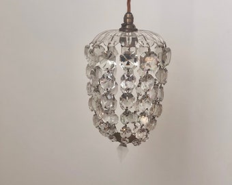 Vintage Crystal Bag  Chandelier Pending Light, Mid Century Glass  Ceiling Light