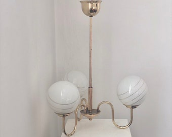 Mid Century Brass Opaline Glass Chandelier: Art Deco Style, 1970s