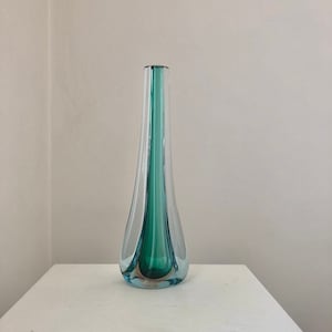 Mid Century Murano Green Blue Teardrop Sommerso Glass Vase,  Vintage Hand Blown Green Venetian Vessel, Flavio Poli 1960s