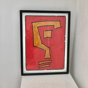 RESERVED FOR GEORGE Red Minimal Abstract Oil on Cardboard Painting,  Mid Century Yellow Line Shape Oil Wall Art