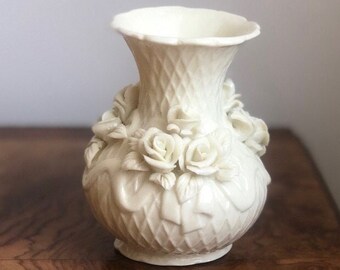 Art Deco White Ceramic Vase Embossed Roses, Vintage Small High Relief Flowers Vessel, Ceramic Ivory Textured Vessel