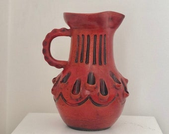 Large Sgrafitto Red Ceramic Jug, Vintage Fratelli Fanciullacci Style Pitcher, Italian Pottery Vessel