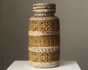 West German Scheurich Beige Ceramic Vase With Inset Flowers, Mid Century Mustard Yellow Floral Banding Vessel, Modern Rustic Decor