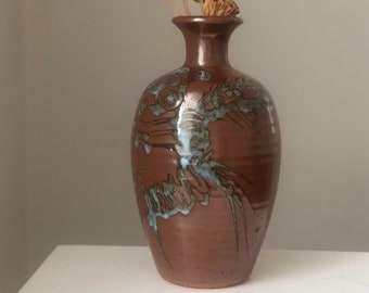 Vintage Hand Made Glossy Brown Vase with Grey Abstract Pattern, Studio Pottery Shiny Brown Vase, Spiral Pottery Mike Labrum